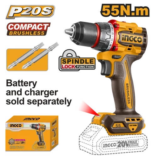 Drill Cordless Metal Chuck 20𝑉 iNGCO (NON IMPACT)-55𝑁-𝑚-Tool Only-