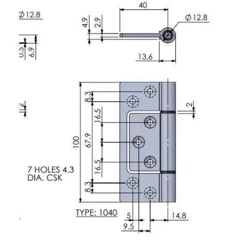 Hinge Aluminium Sinkless Centered-Aluminuim-100x40ππ-pair