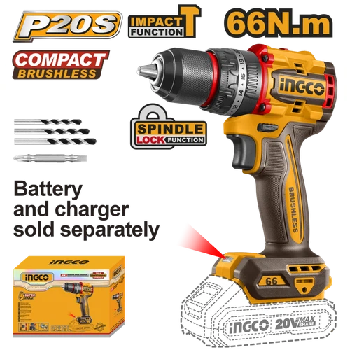 Impact Drill Cordless Metal Chuck 20𝑉 iNGCO-55𝑁-𝑚-Tool Only-