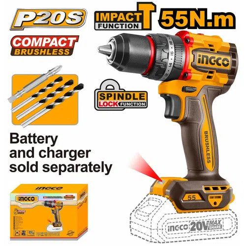Impact Drill Cordless Metal Chuck 20𝑉 iNGCO-55𝑁-𝑚-Tool Only-