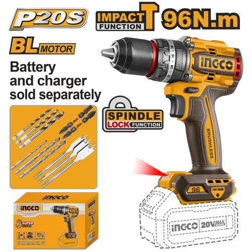 Impact Drill Cordless Metal Chuck 20𝑉 iNGCO-55𝑁-𝑚-Tool Only-