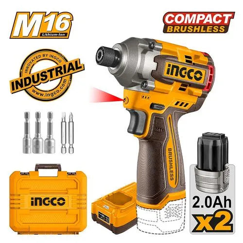 Atornillador de impacto inalámbrico de 1/4" 170 mm - 16 mm, juego iNGCO