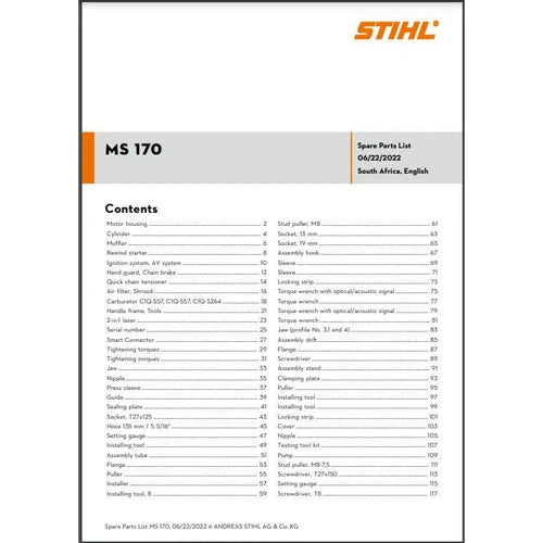 Parts List & Diagram MS170 STIHL-
