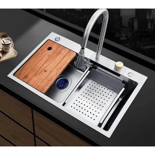 Sink Drop In Sleek Workstation + Waterfall Mixer-Stainless Steel-