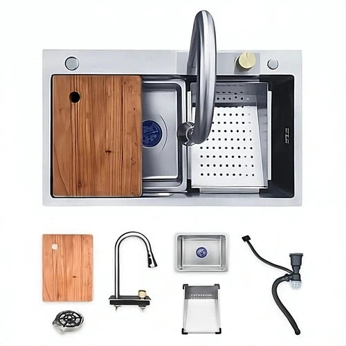 Sink Drop In Sleek Workstation + Waterfall Mixer-Stainless Steel-