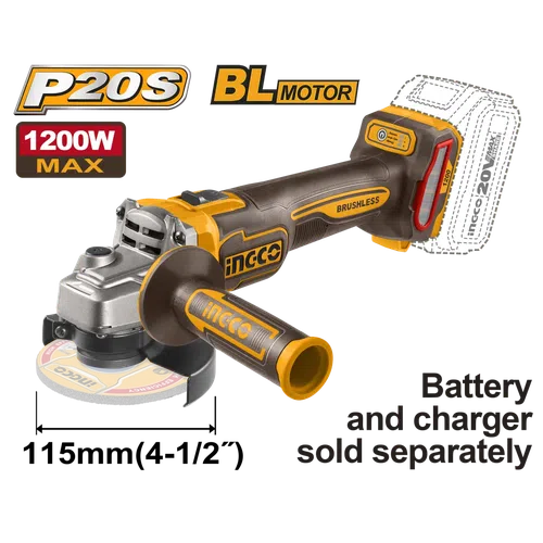 Angle Grinder Cordless 115𝑚𝑚 20𝑉 iNGCO-900𝑊-+ 4𝐴𝒉 Bat + 2𝐴 Chrgr + Bag-