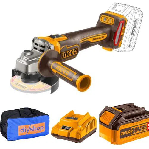 Angle Grinder Cordless 115𝑚𝑚 20𝑉 iNGCO-900𝑊-+ 4𝐴𝒉 Bat + 2𝐴 Chrgr + Bag-
