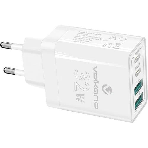 Charger USB Euro Volkano-2x PD20𝑊 Type-C/2x 2.4𝐴 Type-A-