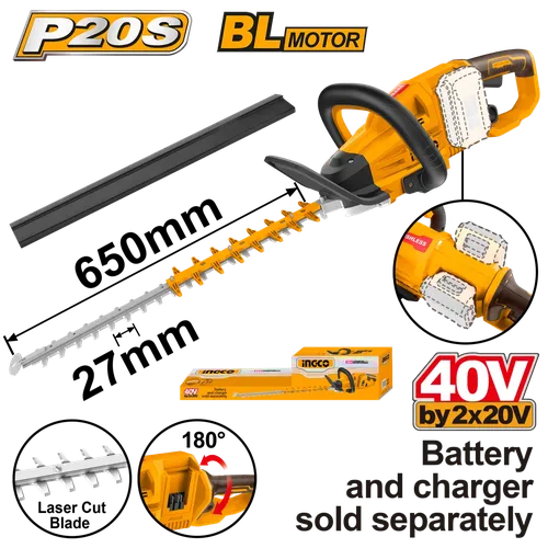 Hedge Trimmer Cordless 2x20𝑉 iNGCO-650mm-Tool Only-