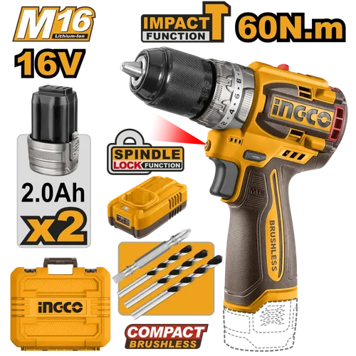 Impact Drill Cordless Metal Chuck 16𝑉 iNGCO-60𝑁-𝑚-+ 2x2𝐴𝒉 Bat + 1.3𝐴 Chrgr + CASE-