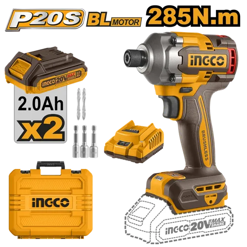 Impact Driver Cordless 1/4" 285𝑁-𝑚 20𝑉 SET iNGCO