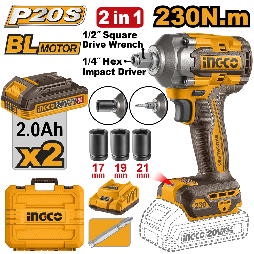 Impact Driver/Wrench Cordless 20𝑉 1/2" SET iNGCO-230𝑁-𝑚-+2x 2AH Batt & Chrg-