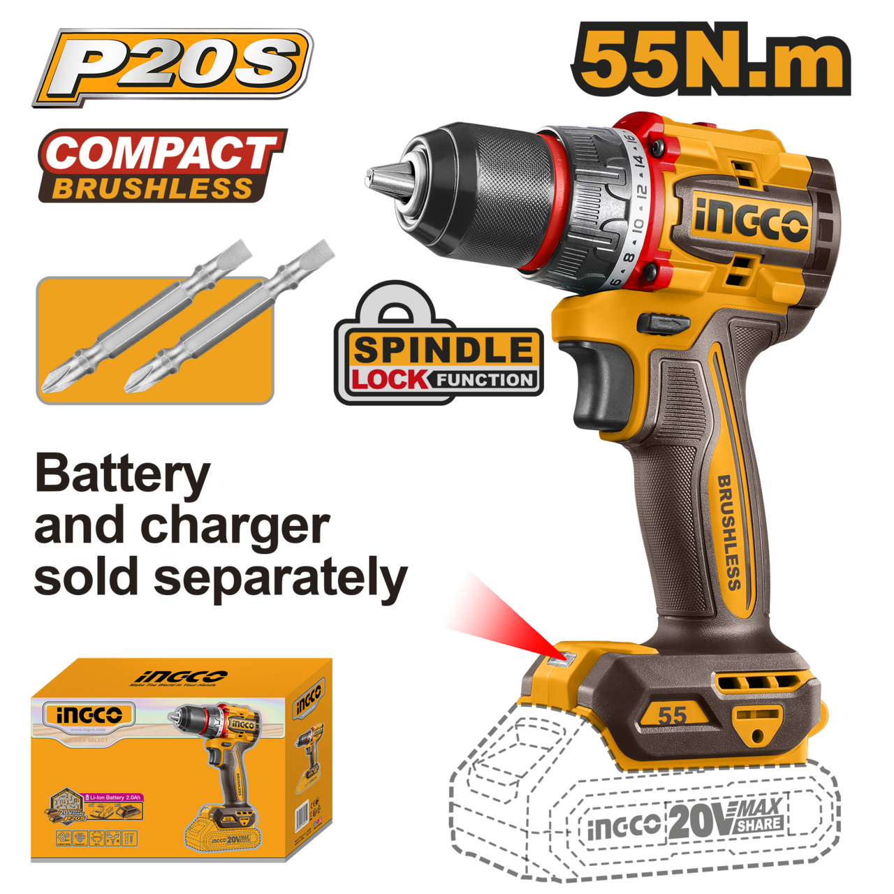 Taladro inalámbrico con mandril metálico de 20 mm iNGCO