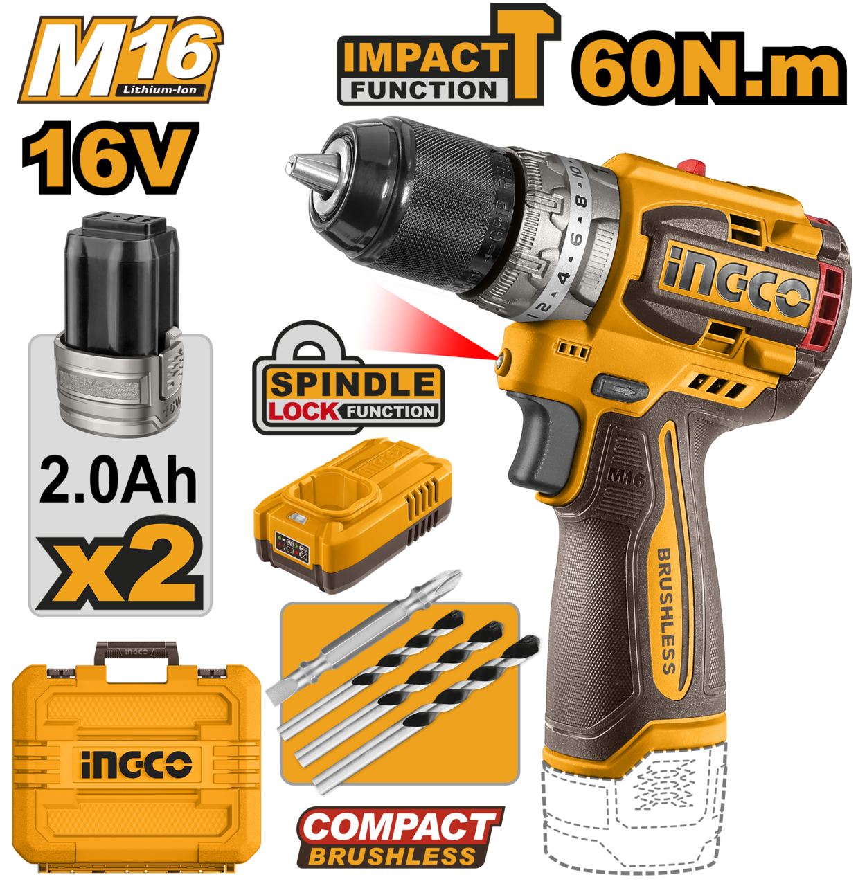 Taladro de impacto inalámbrico con mandril metálico de 16 mm iNGCO