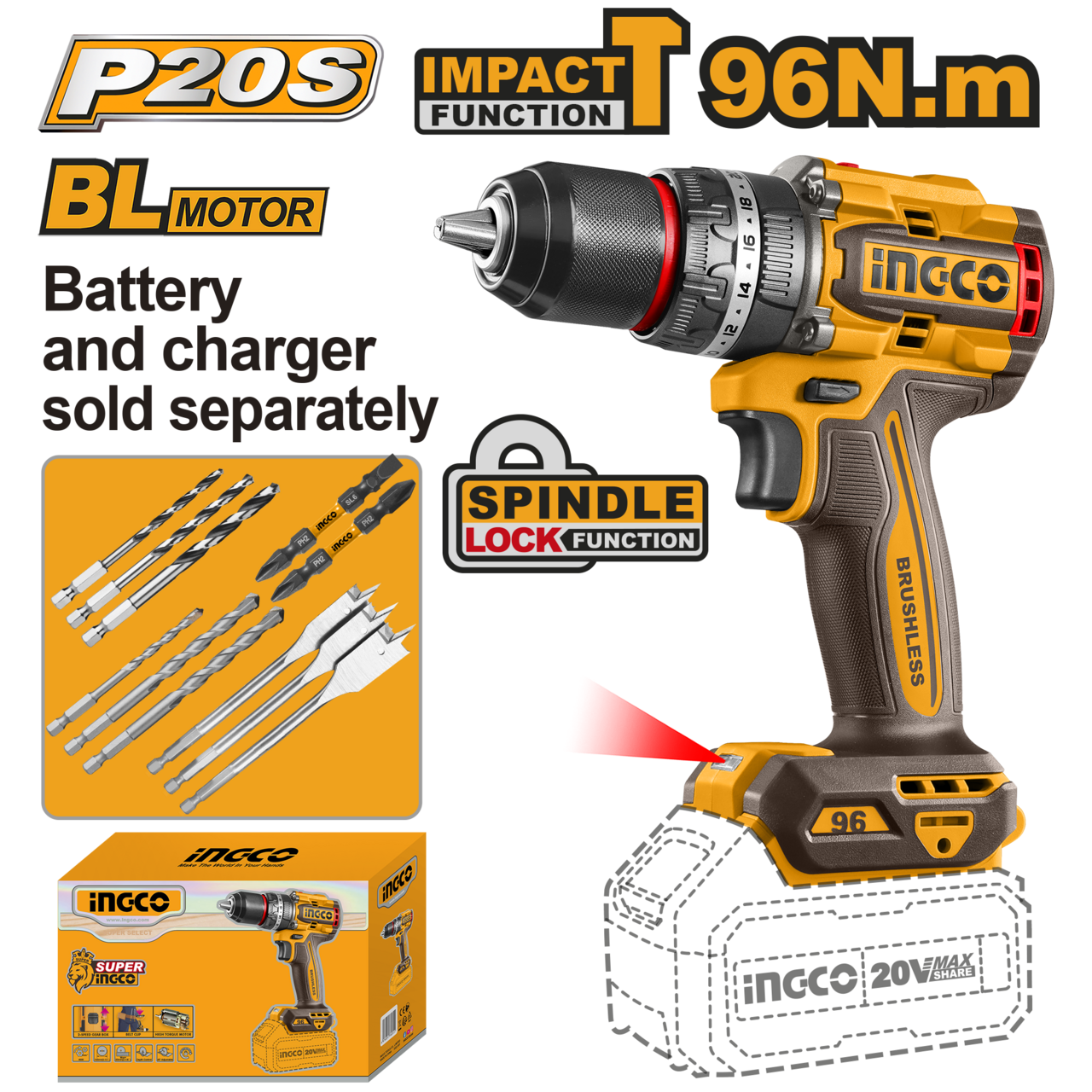 Taladro de impacto inalámbrico con mandril metálico de 20 mm iNGCO