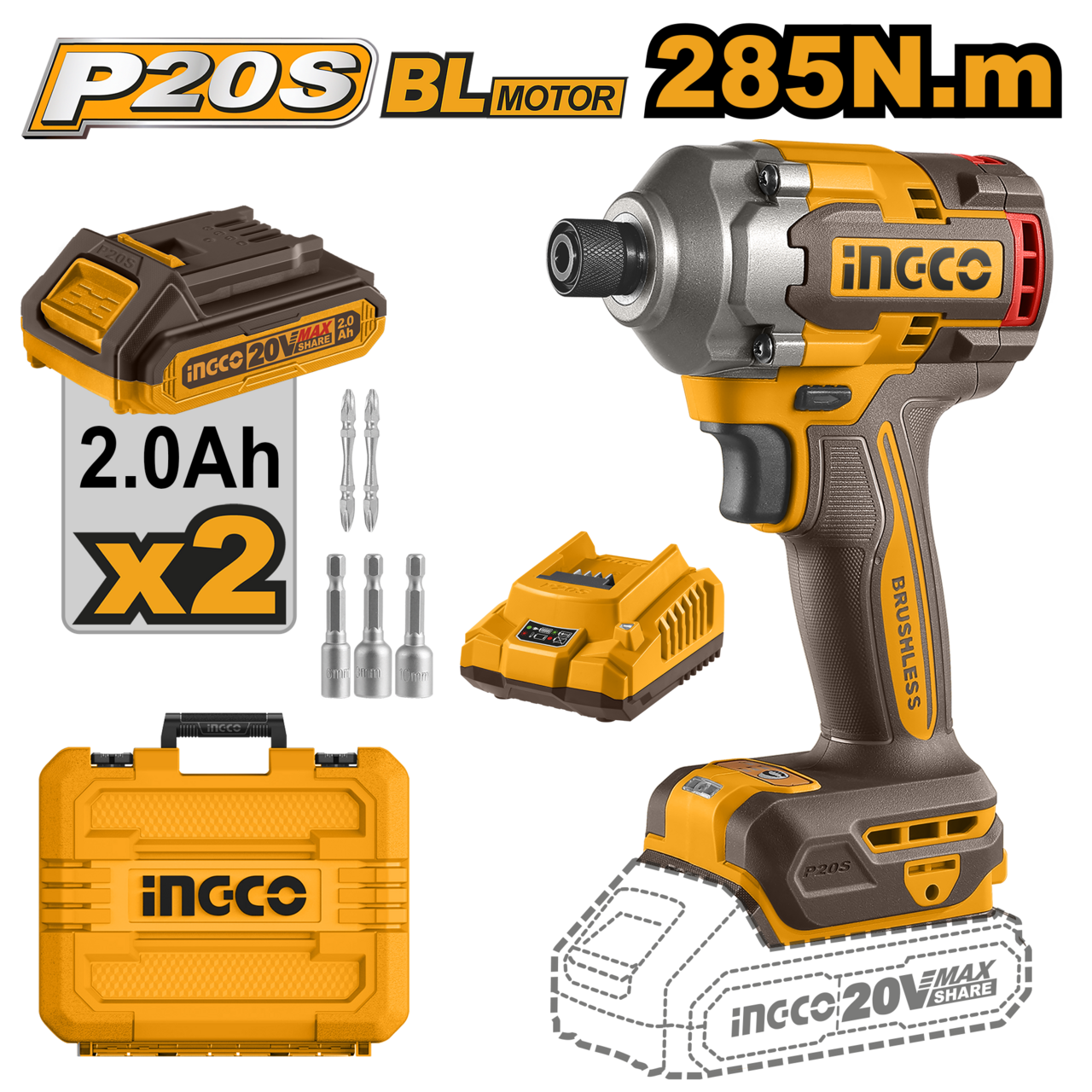 Atornillador de impacto inalámbrico de 1/4" 285V-20Ah SET iNGCO