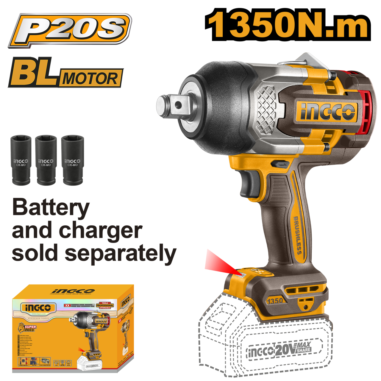 Llave de impacto inalámbrica 20𝑉 3/4" iNGCO