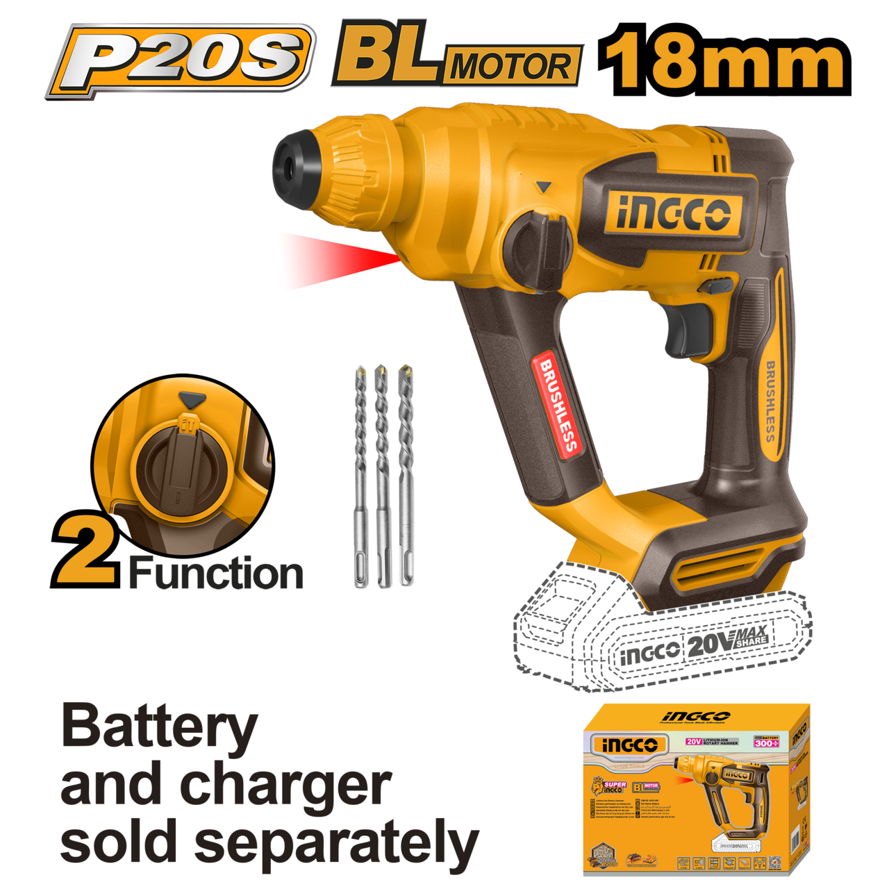 Rotary Hammer Drill Cordless 18𝑚𝑚 20𝑉 iNGCO (Brushless)
