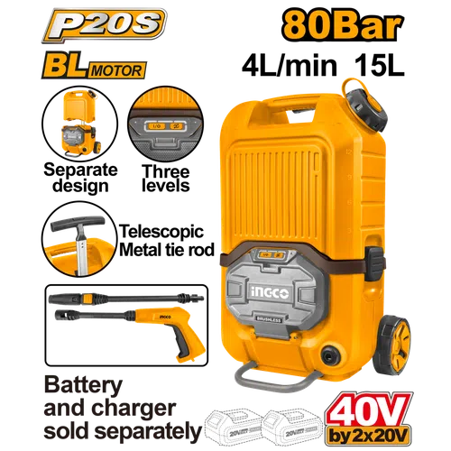Pressure Washer Cordless 2x20𝑉 80℔ iNGCO-Tool Only-