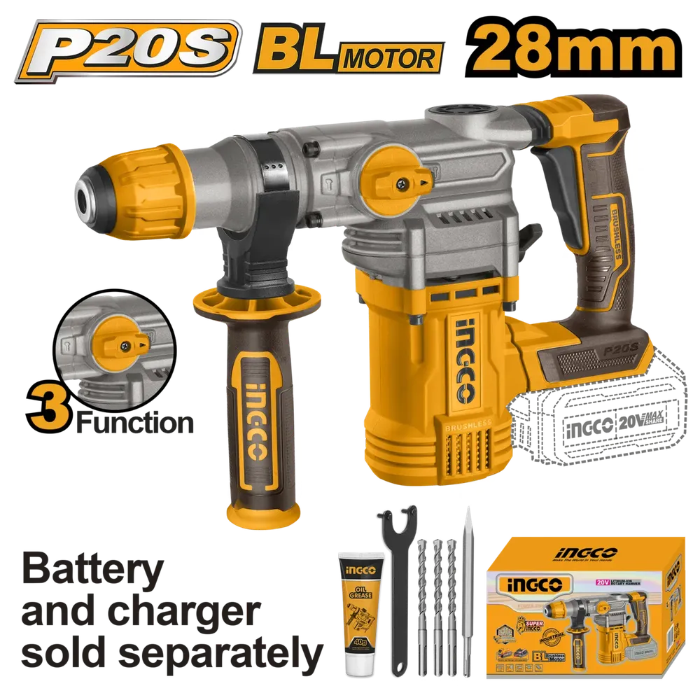 Rotary Hammer Drill Cordless 20𝑉 iNGCO »-Tool Only-28mm-